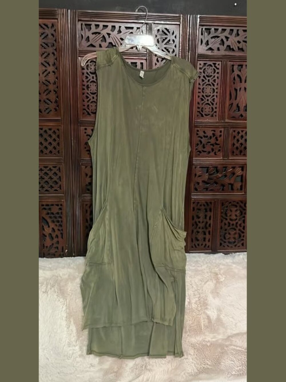 FP Movement Free People Tank Dress, Large, Olive Green with Slits, Pockets